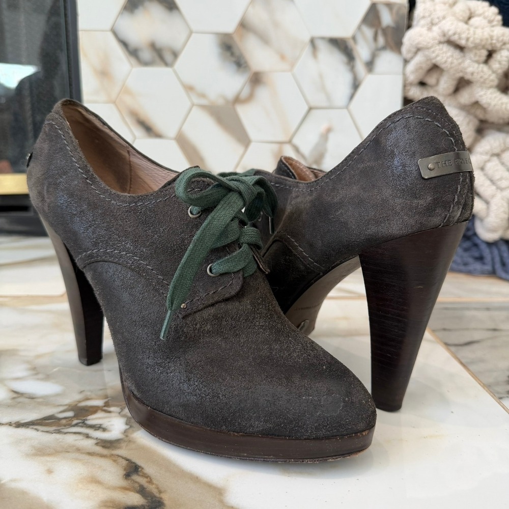 Frye Oxford Heels 8.5 Harlow Stacked Pump Charcoal Grey Suede Lace Up Wood 73333